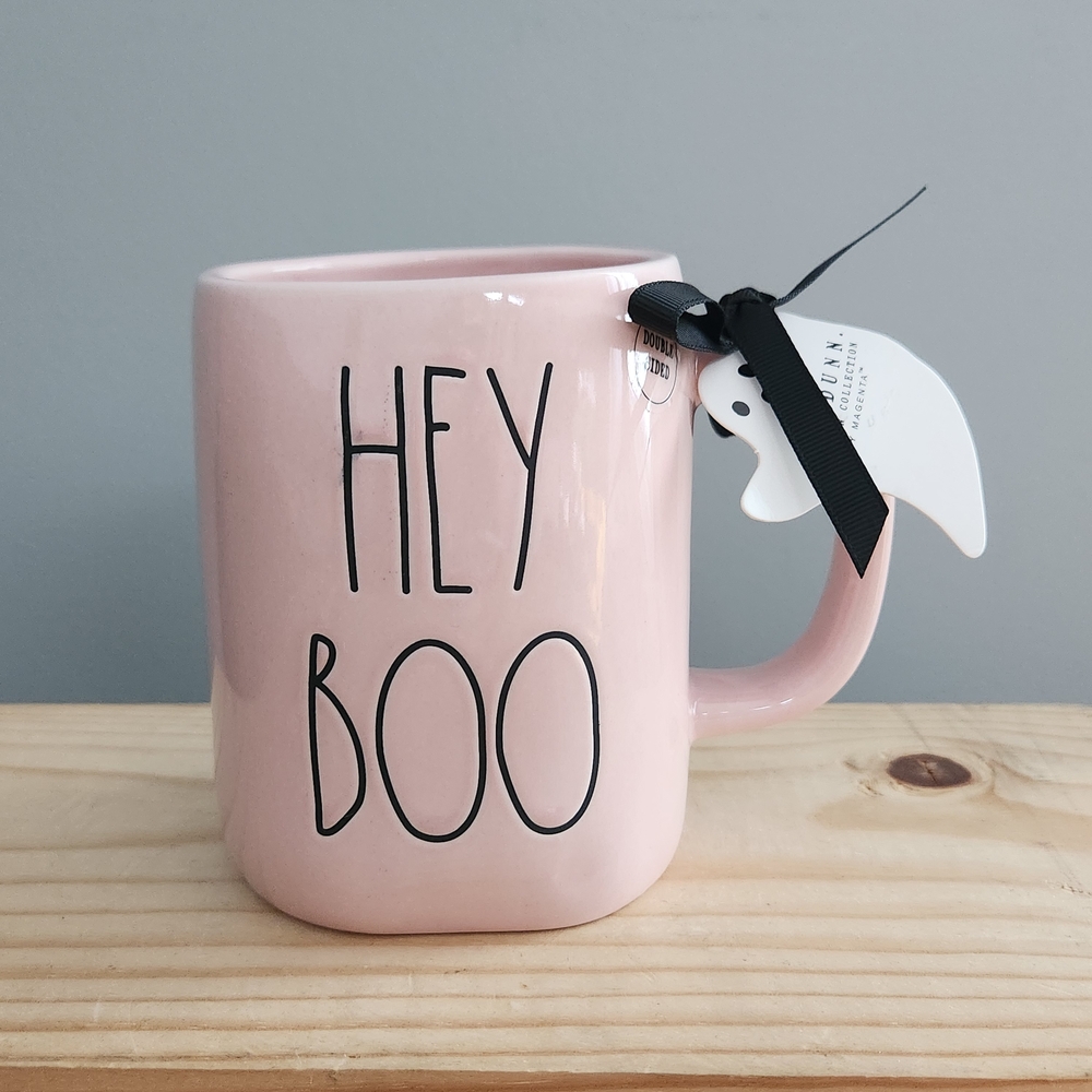 Rae Dunn Double-sided Pink ceramic 'Hey Boo' Skeleton Halloween Mug - NWT